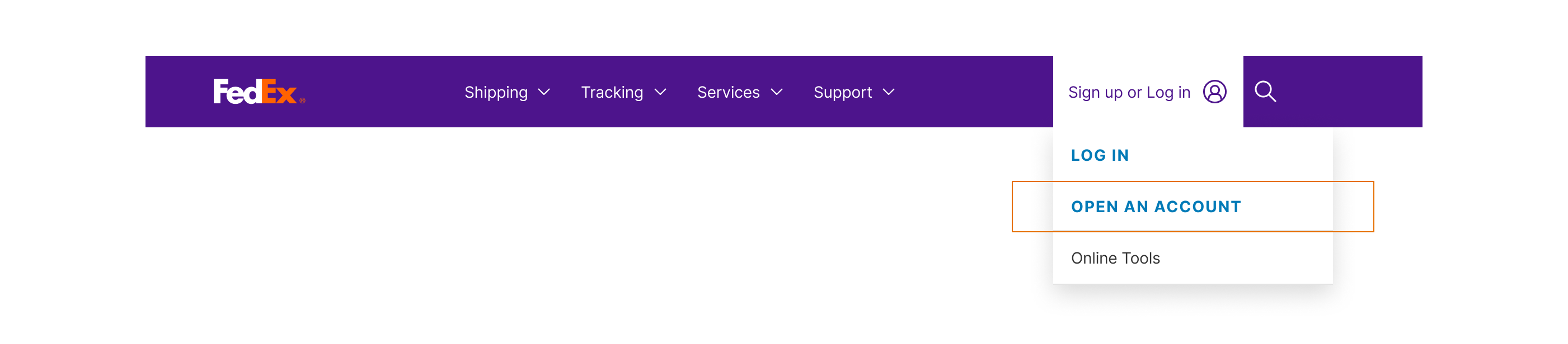 Single Open an Account gateway in the FedEx navigation